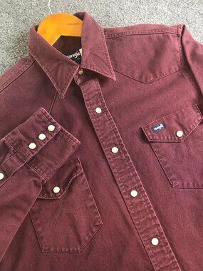 Vintage Wrangler Shirt Men Large 16.5 35 Red X Long Tails Pearl Snap Brushpopper
